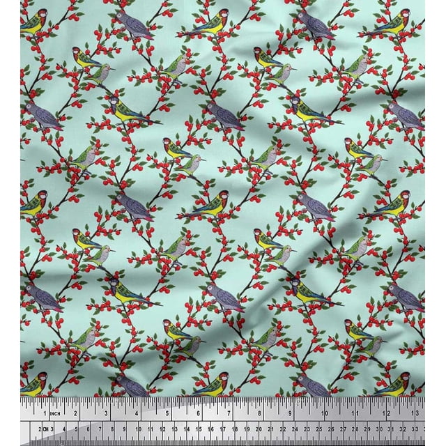 Soimoi Modal Satin Fabric Leaves,Red Berries & Parrot Bird Decor Fabric Printed Yard 42 Inch Wide