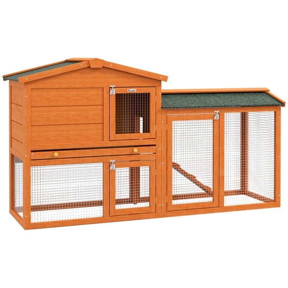 PawHut Clapier à Deux Niveaux pour Lapin, Maison pour Petit Animal avec Enclos, Toit, Orange