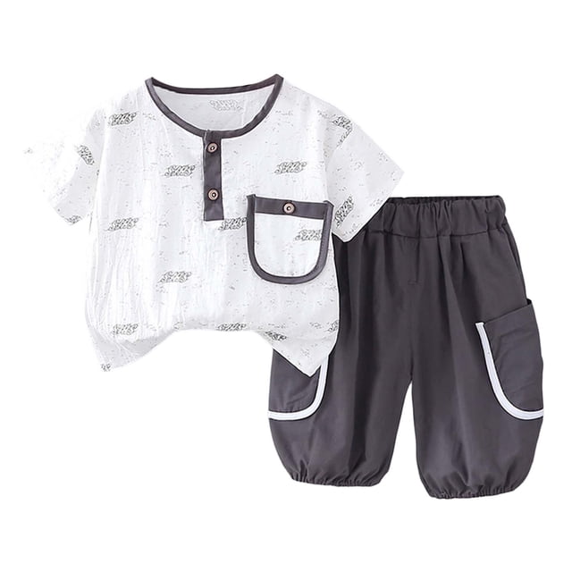 XDZJLR Toddler Boys Outfits Two Piece Summer Lightweight Short Sleeve with Minimalist Design Sets Grey 12-24 Months