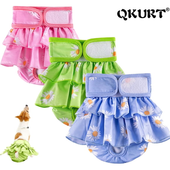 QKURT Lot de 3 Couches pour Chien Femelle, Couvre-Couches de Règles Lavables pour Chien, Couches pour Chien Femelle Ajustables et Réutilisables Habillées pour la Chaleur, les Règles, l'Incontinence Ou la Miction Excitable, Dressage de Chiot, TP