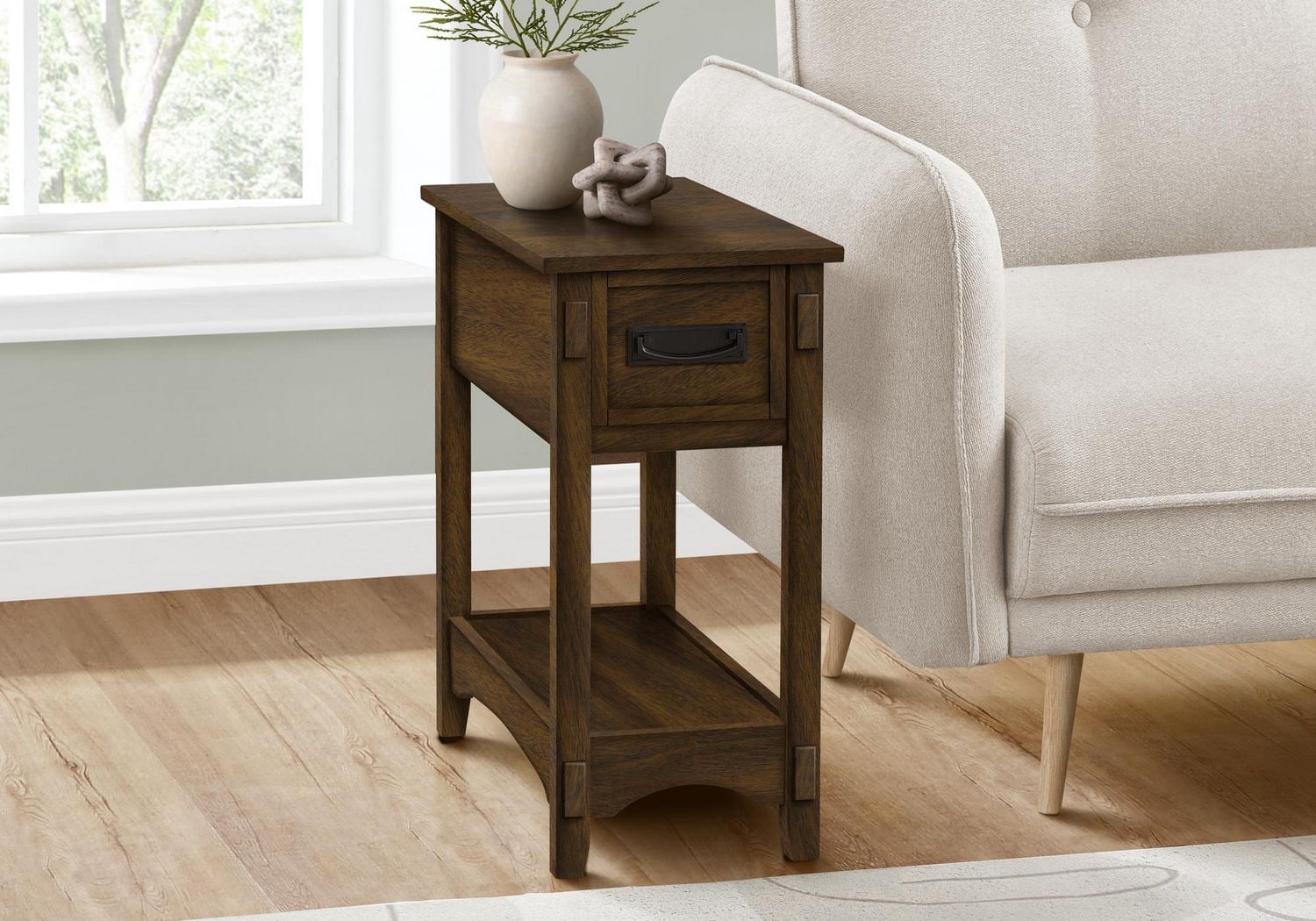 Monarch Specialties Table D'appoint, Bout, Table D'appoint, Table De Nuit, 2 Niveaux, Étroit, Tiroir De Rangement, Placage Brun, Transitionnel