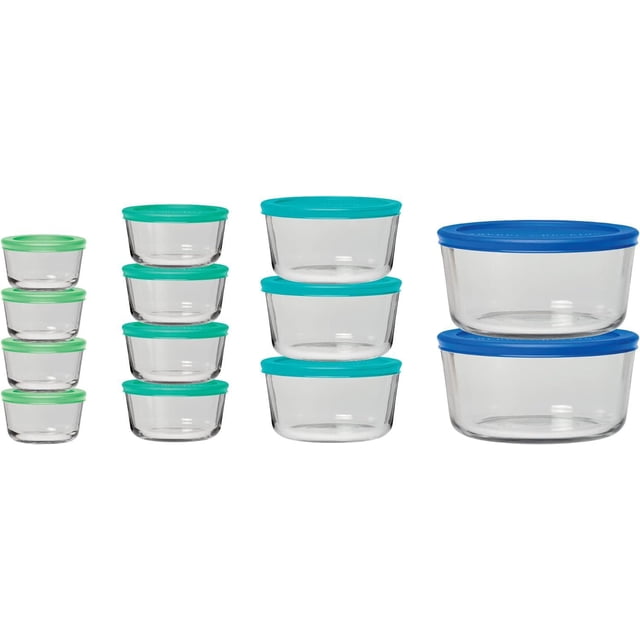 Anchor Hocking Ensemble de Rangement Alimentaire 26 Pcs avec Couvercles Classiques Turquoise Comprenant des Contenants en Verre Transparent de Tailles 1 Tasse (Couvercles lime Clés), 2 Tasses (Couvercles Menthe), 4 Tasses (Couvercles Sarcelle) et 7 Tasses (Couvercles Bleus), Compatible Micro-Ondes, Four, Congélateur et Lave-Vaisselle, Idéal pour un Rangement de Cuisine Organisé et la Préparation des Repas.