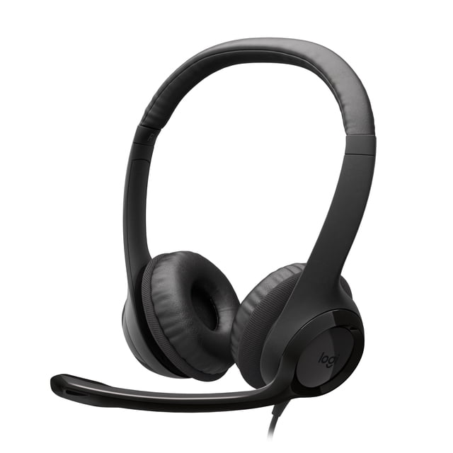Logitech H390 Wired Headset with Noise Canceling Microphone with black over-ear padded leatherette ear cushions, adjustable headband, rigid left-side noise-canceling mic boom that tucks away, inline volume and mute controls, and a 6.23 ft USB-C cable for plug-and-play use, ideal for clear audio in video meetings and music.