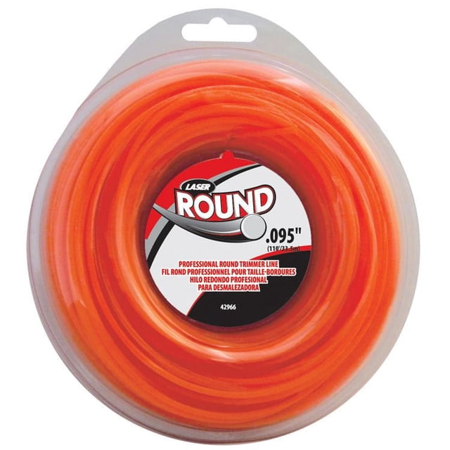 Laser Round Professional .095 inch x 110 feet Trimmer Line in bright orange co-polymer, packaged in clear plastic clamshell with central label showing diameter and product details, designed for gas and electric string trimmers with high wear resistance, ideal for outdoor power equipment maintenance.