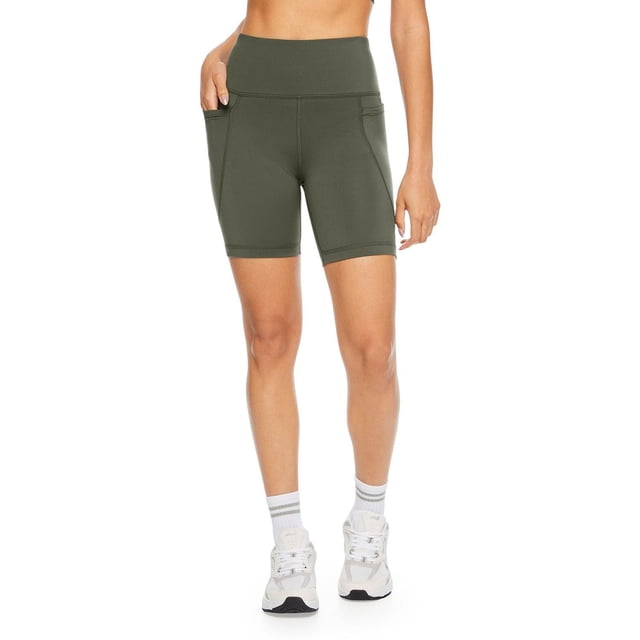 Athletic Works Women's Short in olive green featuring a high-rise wide elastic waistband, two side panel pockets, 7-inch inseam, and stretch fit made from interlock knit with DRI-MORE wicking technology, ideal for workouts and casual wear.
