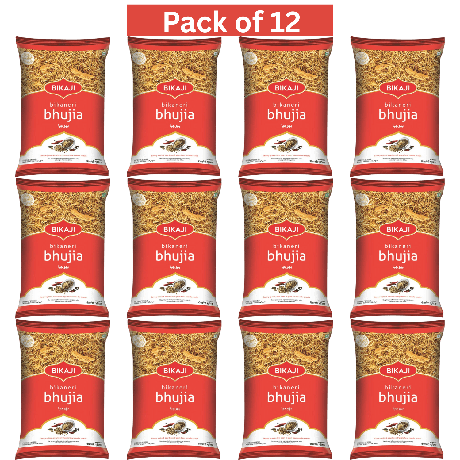 Bikaji Bikaneri Bhujia 140g, Pack of 12 – Crunchy Savory Indian Snack with Spiced Moth Bean Noodles