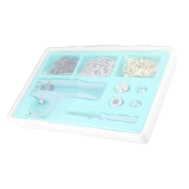 150Pcs 1/2 Inch Grommet Tool Kit, Eyelet Kit with Leather Hole Punch, Metal Eyelets, and Grommets in a storage box. The kit includes 150 sets of aluminum eyelets in three colors, a hole punch tool, a screwdriver, four nail heads, and a storage box. Ideal for DIY crafts, leather, clothing, tarpaulins, and more.