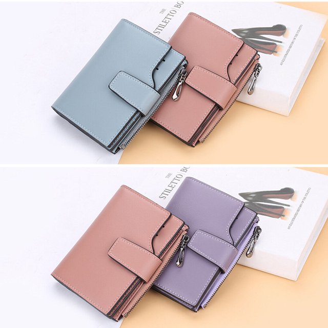 pitrice Fashion Women Wallets Solid Color PU Short Design Card Holder Zipper Hasp Purse Simple Style Handbag Coin Keys Bag Dark blue