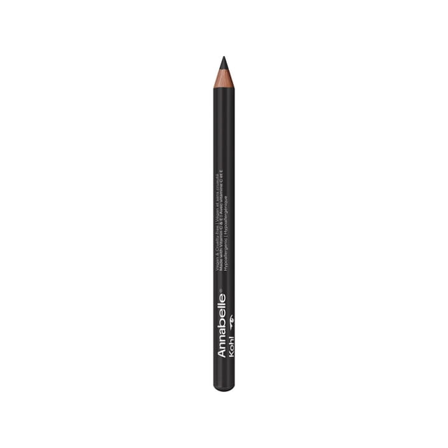 Annabelle Kohl Matte Eyeliner 73 Noir Black, a sharpened black pencil eyeliner with a matte finish and wood tip, featuring white brand text on the barrel, designed for precise, long-lasting eye makeup application, suitable for sensitive eyes and contact lens wearers.