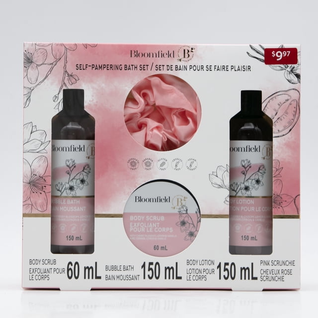 Bloomfield Ensemble de Bain Auto-Durcissant avec Bain Moussant 150 ml, Gommage Corporel 60 ml, lotion Corporelle 150 ml et Chouchou satin Rose dans une Boîte Florale Rose et Blanche, Parfait pour une routine spa Relaxante et un Cadeau de Soins de la Peau.