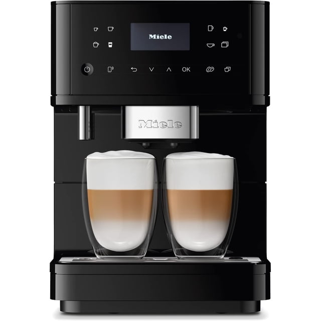 Miele CM 6160 MilkPerfection Automatic Coffee Machine in Obsidian Black, featuring OneTouch for Two functionality, AromaticSystem with a quiet steel grinder, and BrilliantLight LED lighting. The front-facing view shows two cups of creamy milk-based coffee being prepared simultaneously. Includes WiFi compatibility, 4 individual profiles, and DoubleShot for enhanced flavor. Ideal for barista-style coffee at home.