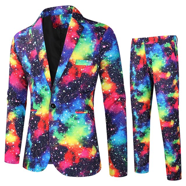 XZNGL Men Casual Single Button Printed Long Sleeve Coat Trousers Two Piece Suit