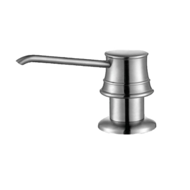 American Imaginations 3.5-in. W Kitchen Sink Soap Dispenser AI-34622 in stainless steel finish, shown in a centered front view. It features a modern, unique cylindrical shape with a long horizontal spout, designed for above-counter installation on a 1-hole faucet and CSA certified for kitchen countertop use.