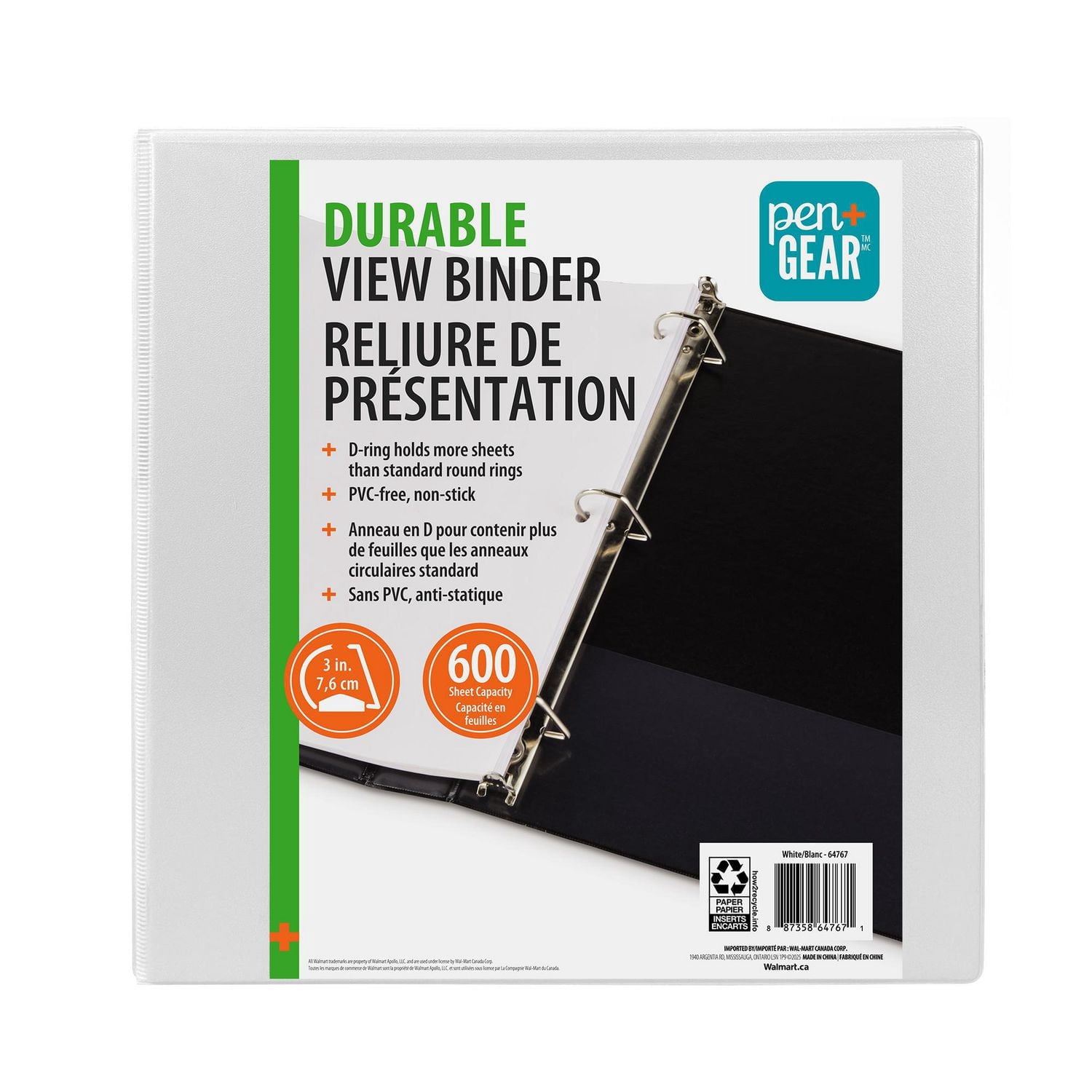 PEN+GEAR 3"DURABLE VIEW BINDER, Slant D-Ring, WHITE