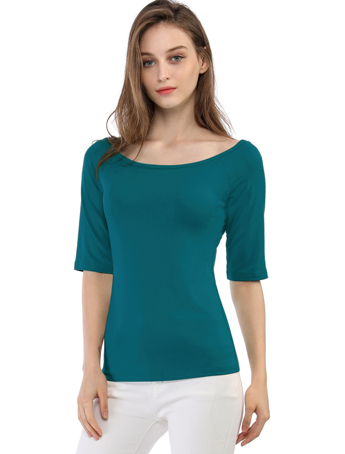 INSPIRE CHIC T-Shirt Ajusté à Manches Mi-Longues à Encolure Dégagée pour Superposition pour Femmes