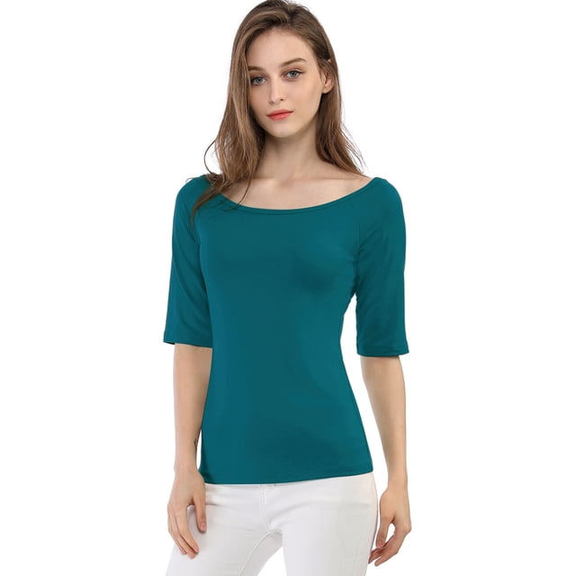 INSPIRE CHIC T-Shirt Ajusté à Manches Mi-Longues à Encolure Dégagée pour Superposition pour Femmes