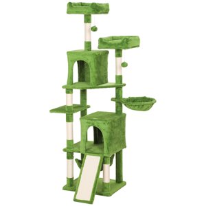 CoSoTower Cat Tree, 70" Multi-Level Cat Tower with 2 Condos, 2 Perches, Hammock, Toy Balls, Scratching Posts and Board, Green