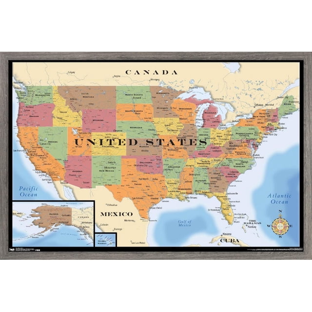 Map - USA Wall Poster, 22.375" x 34" Framed featuring a detailed political map of the United States with each state in distinct colors, including Alaska and Hawaii in inset boxes, labeled major cities and state capitals, bordered by Canada and Mexico, framed in a dark wood frame with a compass rose in the Atlantic Ocean area, ideal wall art for home décor or office.