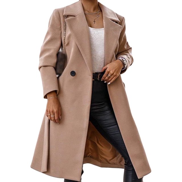 LinYooLi Women's Notch Lapel Wrap Coat Winter Casual Wool Blend Overcoat Mid-Length Coat with Blet