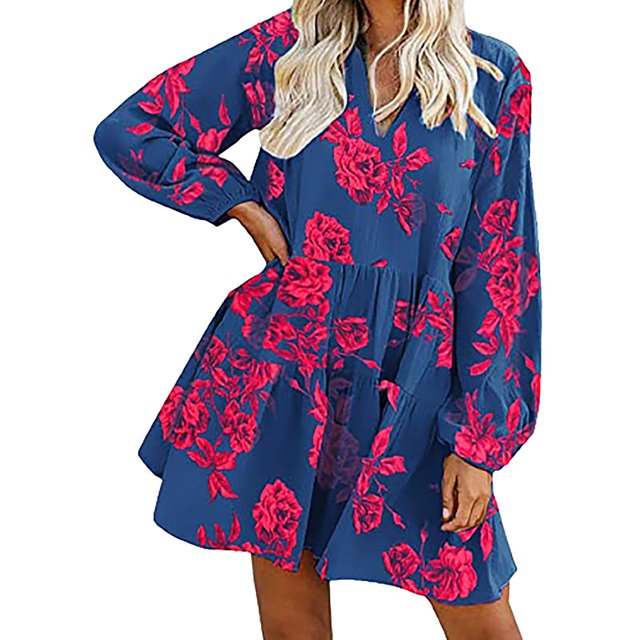 Fridja Robe d'Été Décontractée pour Femme à Col en V, Imprimé Floral, Manches Longues, Longueur Genou
