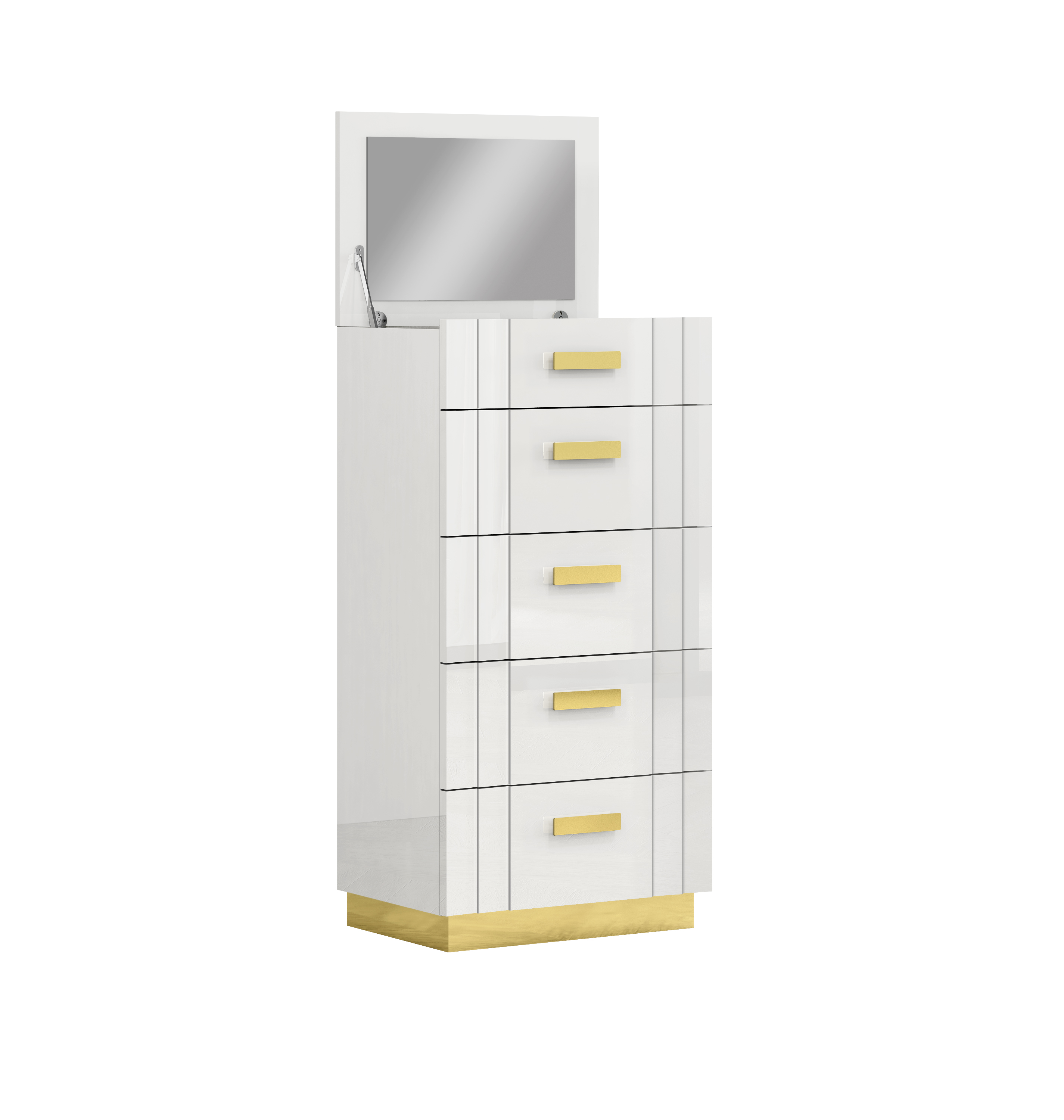 COFFRE TANNER EN ACCENT MÉTALLIQUE BLANC ET OR AVEC RANGEMENT MIROIR ET BIJOUX