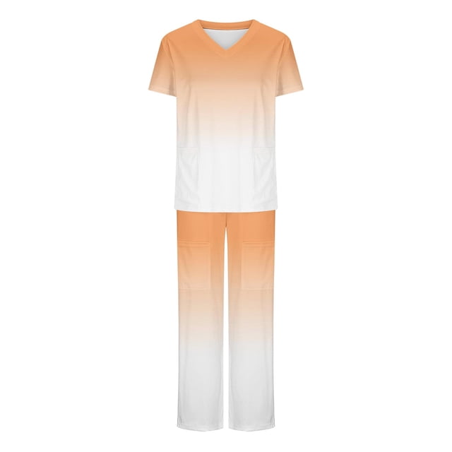 TIMIFIS Scrub Set for Women Stretchy Gradient Printed Work Uniform T-Shirt Short Sleeve and Long Pants Summer Trendy Work Suit with Pockets - Spring/Summer