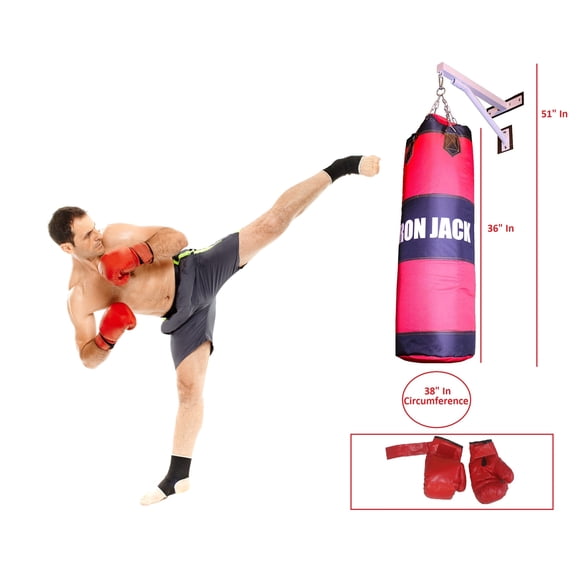 X Factor Iron Jack Ultimate Heavy Bag Boxing Punching Bag, Unfilled Sandbag MMA Karate Muay Thai Kick Boxing, Punching Training, White Wall Mount Hanger Bracket Training Bag w Gloves Full Set