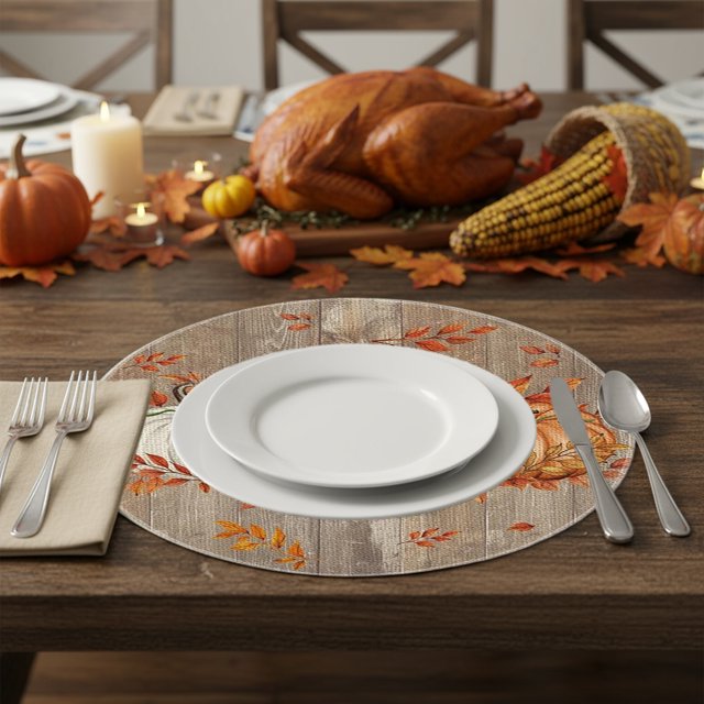 Cameland Fall Newly Linen Maple Pumpkin Interest Print Round Placemats Home Decoration Vibe Arrangement