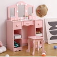 thumbnail image 3 of 2-in-1 Girls Vanity Table with LED Lights & Stool, Wooden Princess Dressing Desk with Tri-Fold Mirror and Storage Drawer, 3 of 7