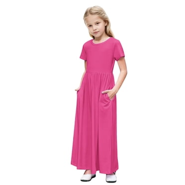 biudgviw Robe Maxi pour Filles à Manches Courtes, Col Ras du Cou, Couleur Unie, Robe Trapèze Décontractée, Robe d'Été Longue avec Poches
