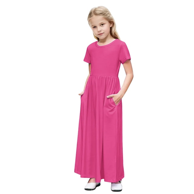 biudgviw Robe Maxi pour Filles à Manches Courtes, Col Ras du Cou, Couleur Unie, Robe Trapèze Décontractée, Robe d'Été Longue avec Poches