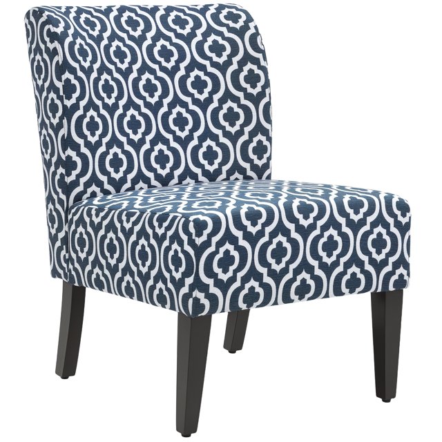 HOMCOM Fauteuil d'Appoint Pantoufle Chaise Latérale pour Salon avec Pattes en Bois Gris. Ce Fauteuil Présente un Tissu jacquard à Motifs Bleu et Blanc unique, un Rembourrage en Mousse Profonde, et un Ressort en S pour le Confort. le Cadre en Bois et Quatre Pattes en Bois de Caoutchouc avec Patins de Protection Assurent la Durabilité et la Stabilité. Dimensions : 22 Pouces de Large, 29,5 Pouces de Profondeur et 32,25 Pouces de Hauteur. Convient aux Salons Ou Chambres.