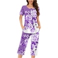thumbnail image 1 of Ensemble de Pyjama Liquidation Ensemble de Pyjama à Manches Courtes pour Femme 2 Pcs Ensemble de Nuit d'Été Imprimé Floral Boutons Col Ras du Cou Pantacourt Ensembles de Pjs d'Été pour Femmes Ensemble Nouveau Violet m, 1 of 5