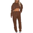 thumbnail image 1 of IROINNID Survêtement pour Femmes Ensemble 2 Pcs Économies Col Rond Couleur Unie Chandail Court Nombril Chandail à Manches Longues Décontracté Pantalon à Cordon Costume Ensemble Athlétique, Café, 1 of 9