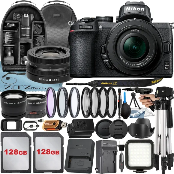 Nikon Z50 Mirrorless Camera with NIKKOR Z DX 16-50mm VR Lens + 2 Pack 128GB Card + Case + Tripod + ZeeTech Accessory Bundle
