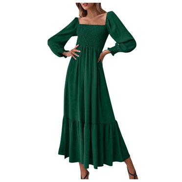 TJAZFJPA Robes pour Femmes Femmes 2025 Automne Décontracté Robe Maxi à Manches Longues Encolure Carrée Smockée à Étages Ligne A Fluide Longue Robe Longues Robes pour Femmes Formelles Taille Empire Robes pour Femmes