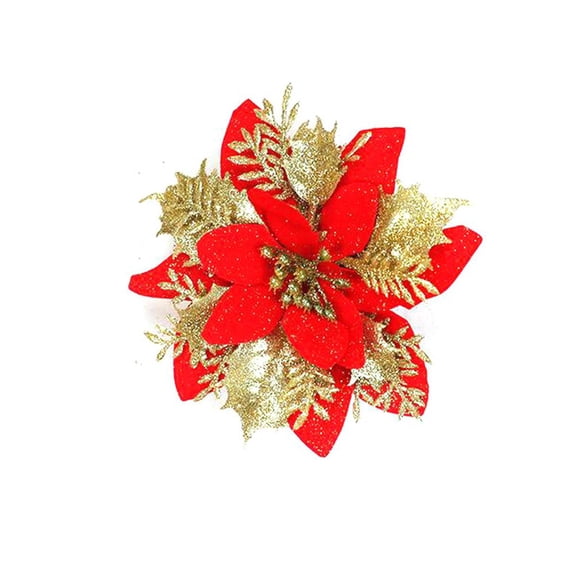 KABOER 10 Pack Christmas Glitter Poinsettia Artificial Silk Flowers Picks Christmas Tree Ornaments for Gold Christmas Tree Wreaths Garland Holiday Decoration