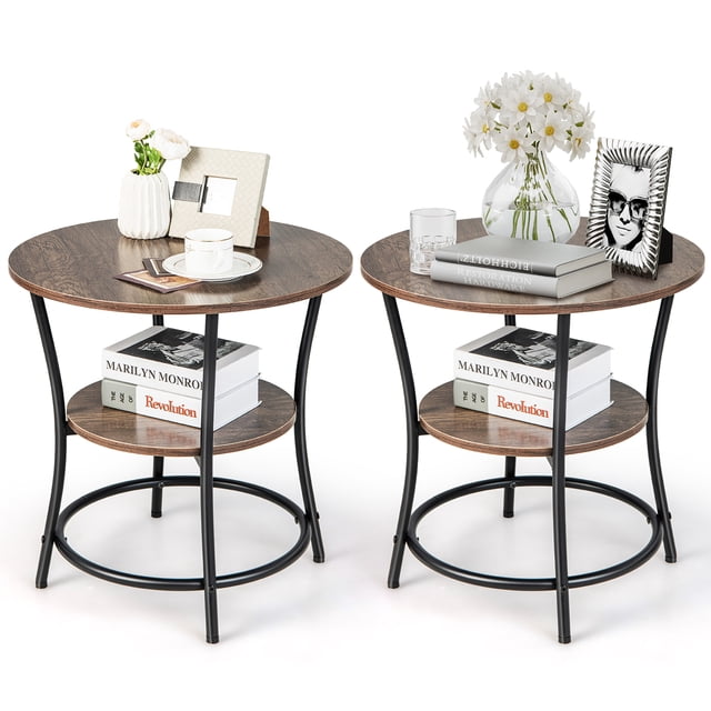 Costway 2 Pcs Table d'Appoint de Canapé à 2 Niveaux Table de Bout Ronde Table de Nuit avec Cadre en Métal Robuste Chêne