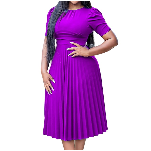 LOVZFMLL Robe d'Été pour Femme Grande Taille2025 Décontractée à Manches Courtes Taille Empire Coupe Ample Évasée Plissée Maxi Robe T-Shirt Violet Pâle L