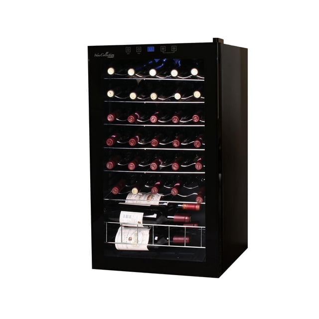 iComfort Refroidisseur de Vin - Capacité de 35 Bouteilles avec Armoire Noire et Porte en Verre, Rangement Horizontal des Bouteilles de Vin sur Étagères Métalliques, avec un Écran LCD Électronique Affichant la Température en Celsius, Fonctionnement à Faible Bruit et Pieds Ajustables pour un placement stable, Convient au Rangement Précis du Vin et Est Souvent Utilisé pour Préserver des Vins de Collection.