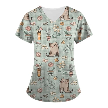 EGNMCR Womens Nursing Scrub Tops Fashion Casual Printed Working Uniform Short Sleeve V Neck Workwear Blouse T-shirt with Pockets, Gifts for Women