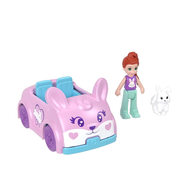Polly Pocket Bunny Rabbit Vehicle Set, Micro Doll with Themed Die-cast Car & Pet Bunny Figure