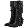 thumbnail image 2 of Slouchy Mid Calf Boots for Women Trendy Leather Pointed Toe Chunky Heel Buckle Knee High Riding Tall Boots, 2 of 5