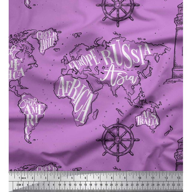 Soimoi Purple Modal Satin Fabric Direction Compass & Lighthouse Map Printed Fabric 1 Yard 42 Inch Wide