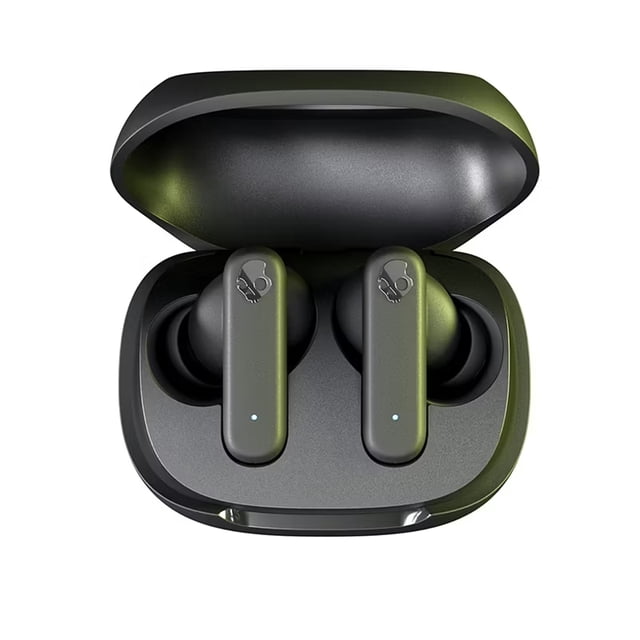 Open Box - Skullcandy S2TAW-R740 Smokin' Buds Bluetooth Earbuds with Microphone in True Black, featuring a compact charging case and earbuds with the Skullcandy logo. Provides premium audio quality, noise isolating fit, 20 hours of battery life, preset EQ modes, and IPX4 sweat and water resistance.