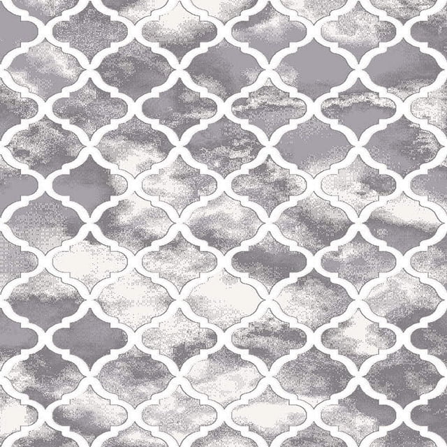 HT 5X7 GREY TRELLIS area rug with a grey and white trellis pattern, woven from heatset polyester with a dense, multi-yarn pile for softness and durability, designed for indoor use with stain-resistant and colorfast features, ideal for accenting living spaces.