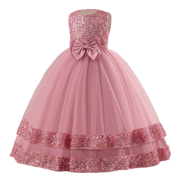 FhsagQ Robes Filles Robe de Soirée Princesse à Paillettes avec Nœud Manches Longues Robe de Fête pour Anniversaire Concours Spectacle sur Scène Fille Printemps le 7 Juillet Robes Taille 6T Fête de l'Indépendance 7-8 Ans