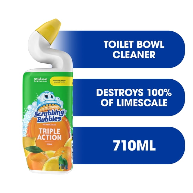 Scrubbing Bubbles® Toilet Bowl Cleaner Triple Action Citrus Scent in a 710 ml bottle with an extended-reach angled yellow neck and green label featuring citrus fruit images, designed to destroy 100% of limescale and clean under the toilet rim with 360° coverage.
