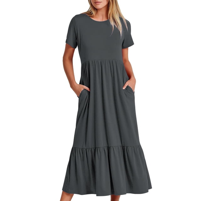 Meichang Robes d'Été Décontractées pour Femmes, Robes Unies à Volants, Coupe Ample, Manches Courtes, Robes Décontractées à Col Rond, Robes Midi Évasées d'Été avec Poches