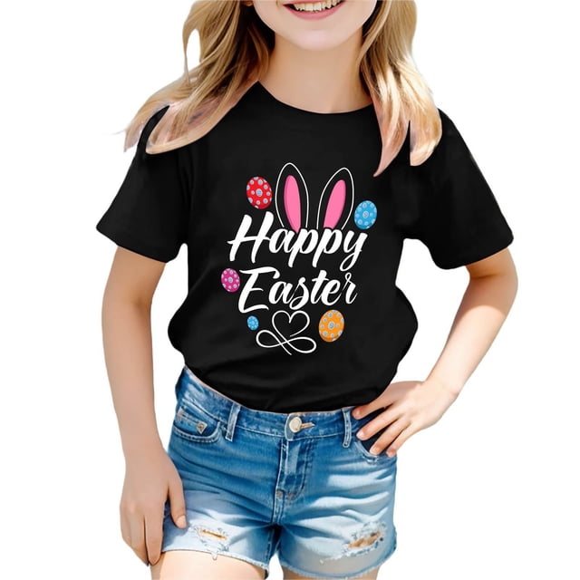 PMVFHDE Tenue de Pâques Fille T-Shirt Graphique de Pâques / Imprimé Lapin et Oeuf Manches Courtes Col Ras du Cou / T-Shirt de Fête en Coton Doux pour Tout-Petit / Tenue Décontractée Printemps Été Noir, 3-4 Ans